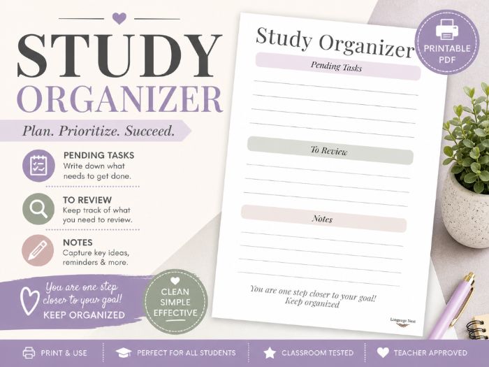 Study Organizer Printable | Student Planner Worksheet | Homework Tracker |To-Do & Review Template