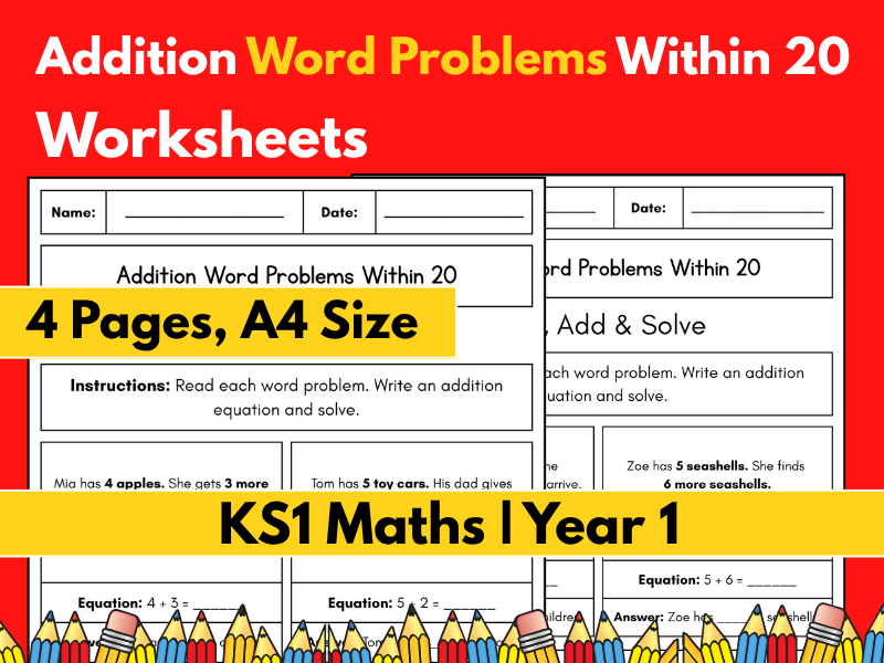 Addition Word Problems Within 20 Worksheets | KS1 Maths | Year 1