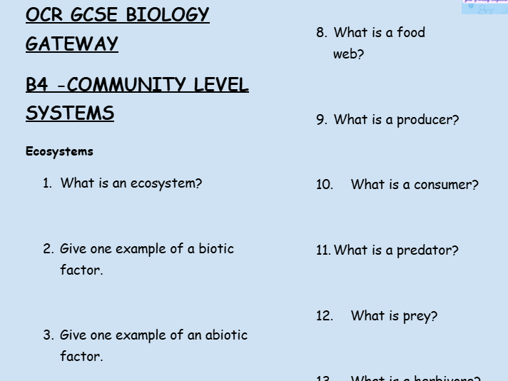 OCR GCSE Biology B4 Community-Level Systems – 30 Retrieval Questions with Answers