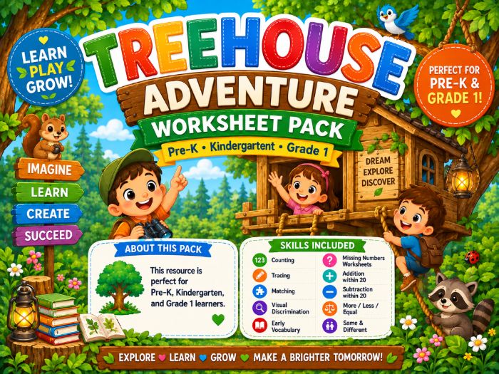Treehouse Adventure Worksheets | Pre-K to 1st Grade Math, Counting, Tracing & Number Skills