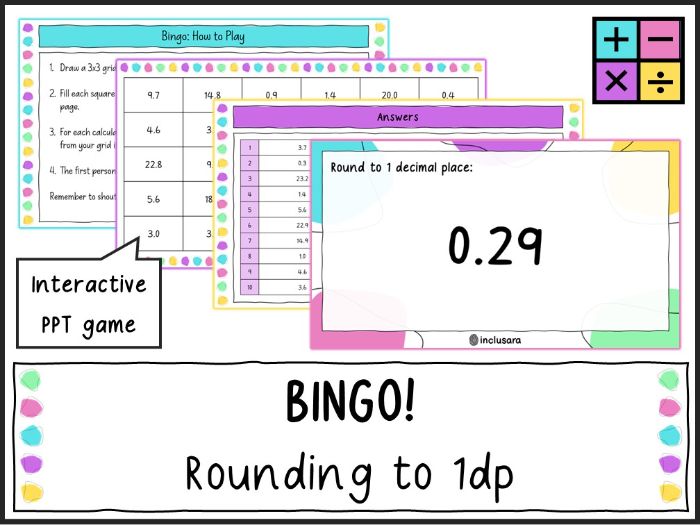 Round Numbers to 1 Decimal Place Bingo Game, Rounding and Estimation