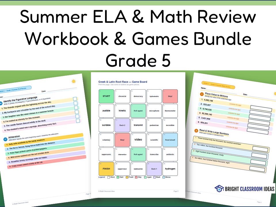 Summer ELA & Math Review Workbook & Games Bundle | Grade 5