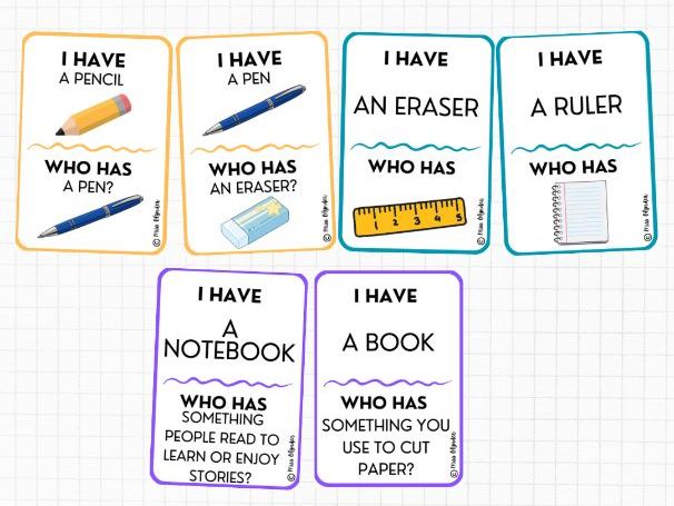 I Have Who Has School Supplies Vocabulary Game | ESL Speaking and Listening Activity | Classroom