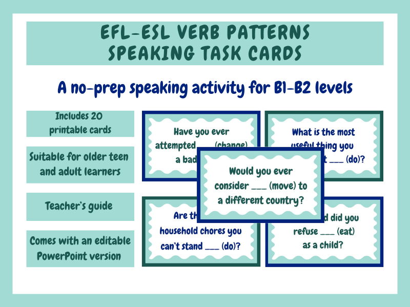 EFL-ESL Verb Patterns Speaking Task Cards (GERUND vs TO + INFINITIVE)