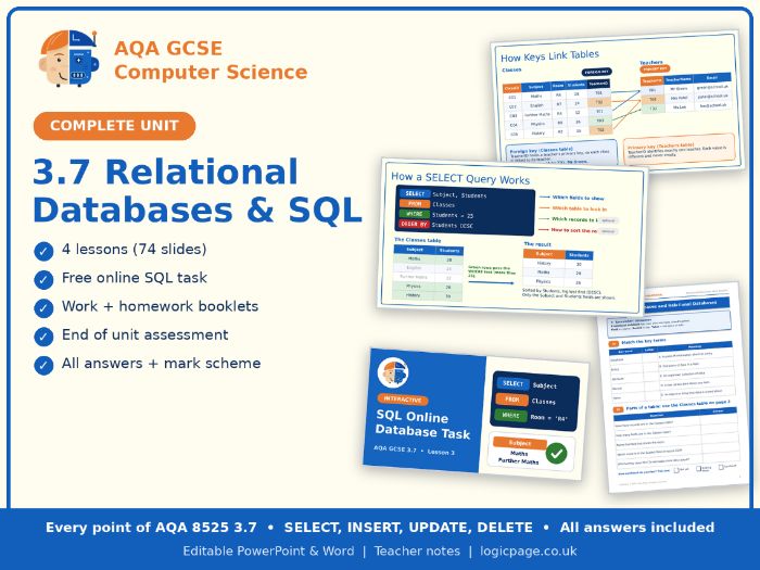 AQA GCSE Computer Science 3.7 Relational Databases and SQL Complete Unit