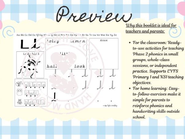 Phase 2 Phonics -  l, ck, ll, ss, ff Booklet 4 Pre-cursive