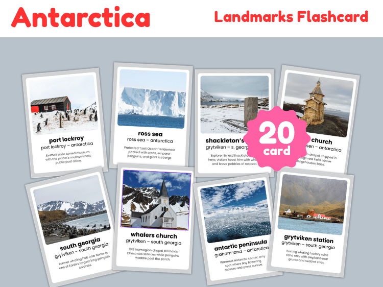 Antarctica Landmarks Flashcards | 20 Famous Places & Geography Cards