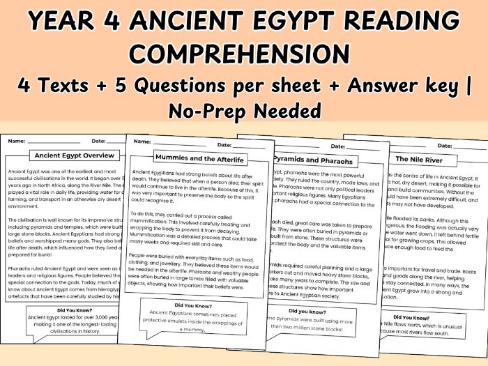 Year 4 Ancient Egypt Reading Comprehension: 4 Stronger Texts + Questions+ Answers (Set 3)