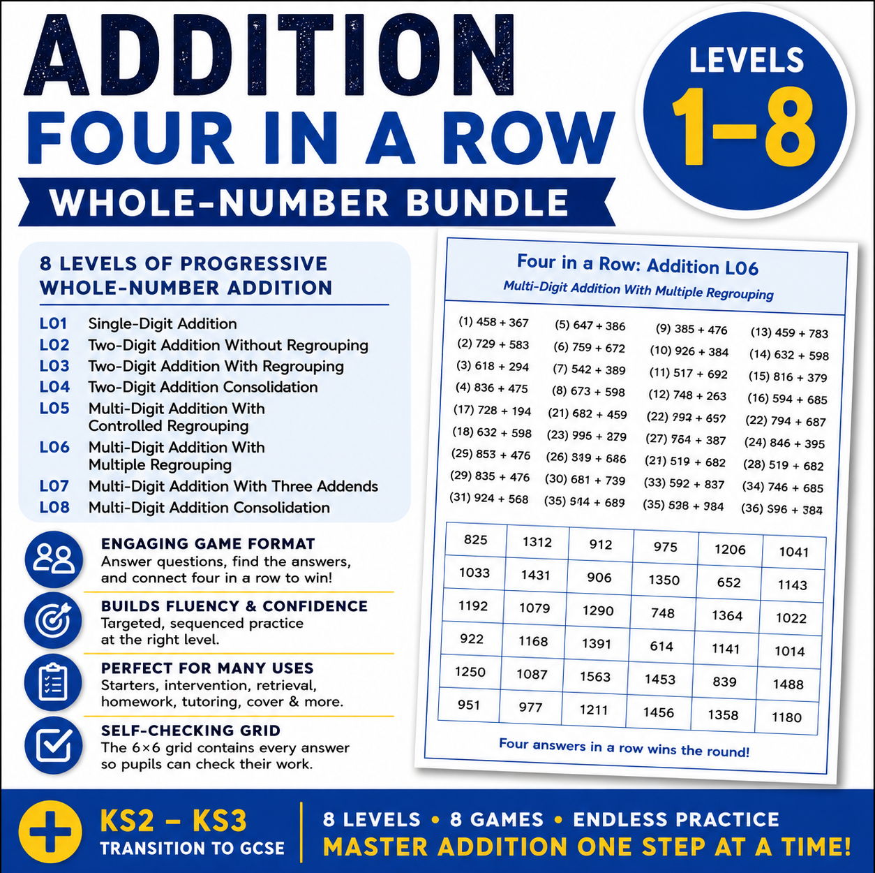 Whole-Number Addition Four in a Row Bundle | Levels 1–8