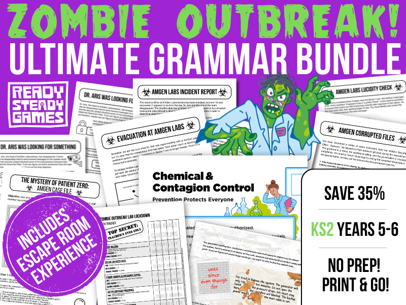 KS2 SPaG Bundle | Escape Room, Puzzle Pack, Maze Game, Mystery Game, 3-Level Editing Challenge | Zombie Outbreak! Year 5 and 6