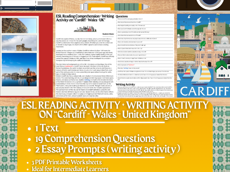ESL Reading Comprehension + Writing Activity Worksheets - Cardiff - Wales - UK