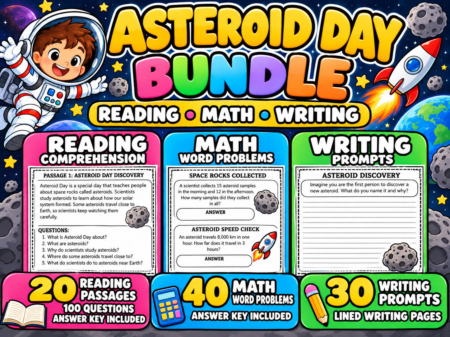 Asteroid Day Bundle | Reading Comprehension, Math Word Problems & Writing