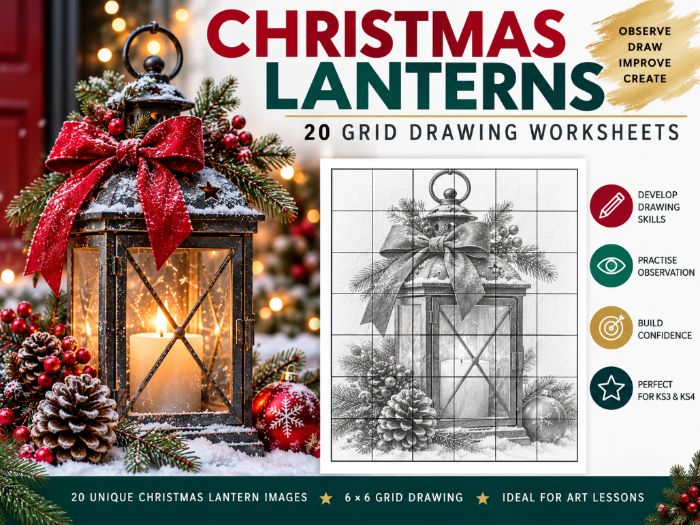 Christmas Lanterns Grid Drawing Worksheets | 20 Festive 6x6 Drawing Activities | KS3 KS4 Art