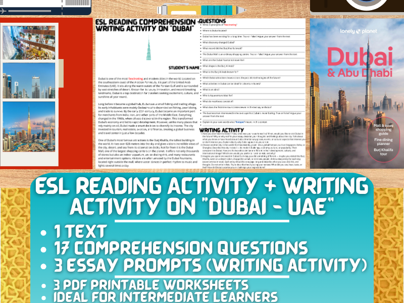 ESL Reading Comprehension + Writing Activity Worksheets on Dubai - UAE