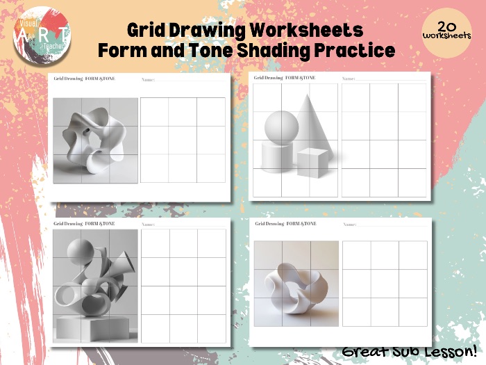 Grid Drawing 20 Worksheets | Form and Tone Shading Practice | Geometric & Organic Drawing Exercises