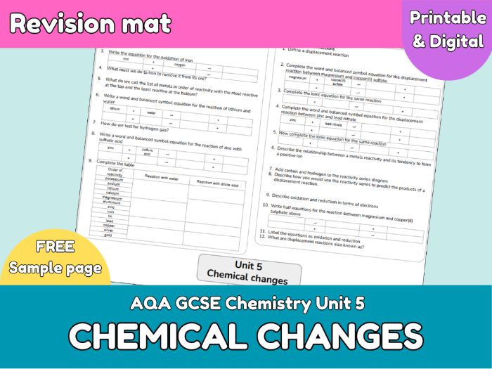 FREE AQA GCSE Chemistry Chemical Changes Revision Mat Sample | Reactivity Series & Displacement