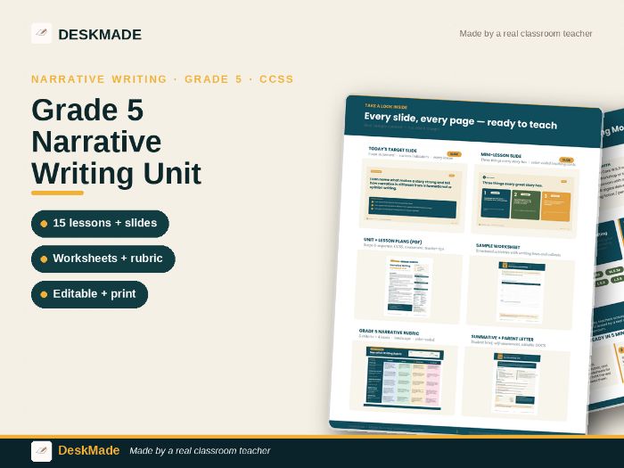 Grade 5 Narrative Writing Complete Unit | 15 Lessons + 140 Slides + Worksheets + Rubric