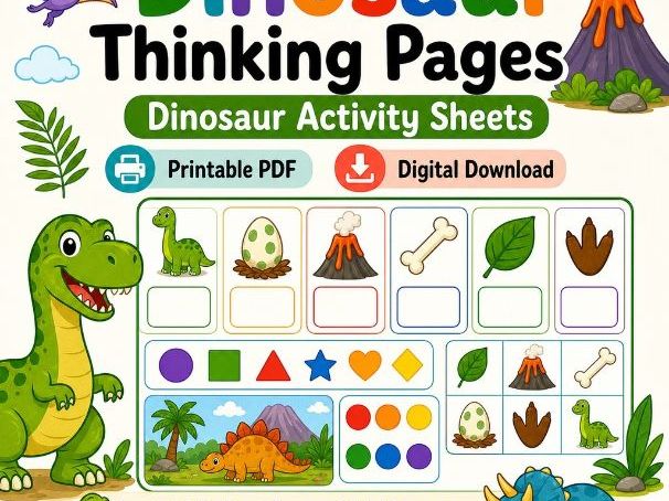 Dinosaur Thinking Pages | Dinosaur Activity Sheets | Printable PDF | Digital Download