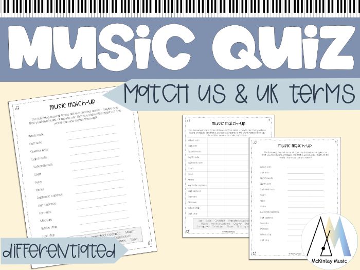 Music Terms Quiz - quick no-prep printable quiz on USA and UK equivalent terms