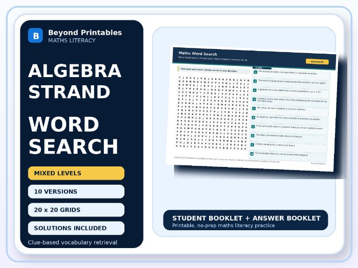 Algebra Strand Maths Word Search | 10 Printable Vocabulary Puzzles with Solutions