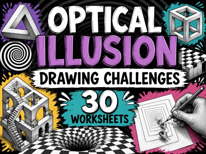Optical Illusion Drawing Challenges | 30 Art Worksheets | KS2 KS3 KS4 | Cover Lessons | Perspective
