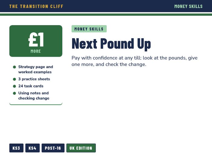 Next Pound Up Money Skills for SEND: Paying with £ Coins and Notes, Task Cards and Sheets (UK)