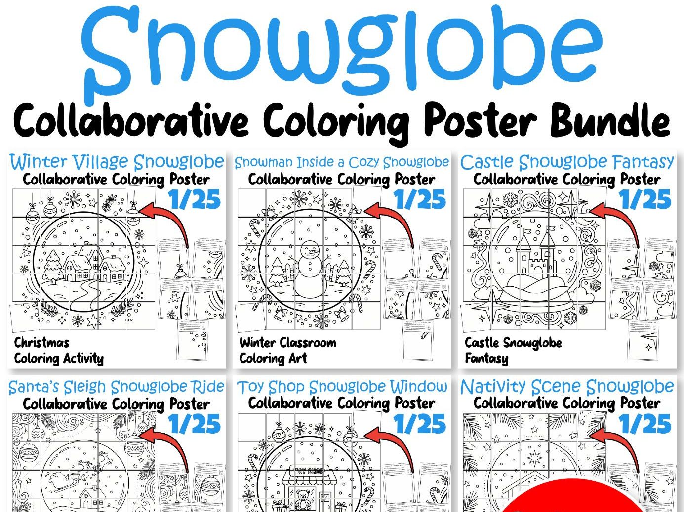 Snowglobe Collaborative Poster Bundle | Christmas & Winter Classroom Coloring Art