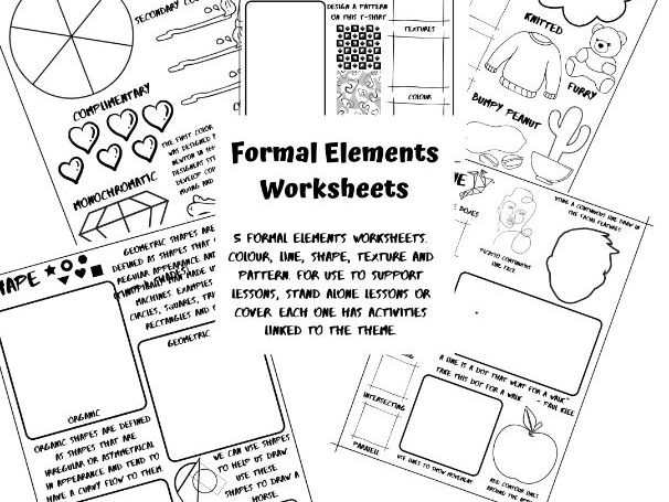 5 Formal elements worksheets. Colour, Line, Shape, Texture and Pattern