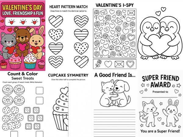Valentine’s Day Worksheets for Kids February | Color by Number & Word Scramble