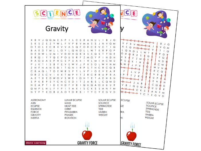 Gravity Science Activity - Word Search Finder Gravitation Vocabulary
