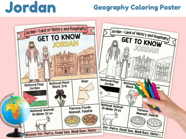 Jordan Geography Coloring Poster | Country Facts & Landmarks