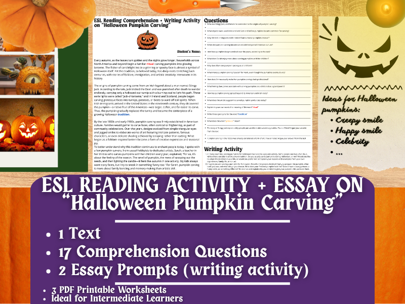 ESL Reading Comprehension + Writing Activity - Halloween Pumpkin Carving