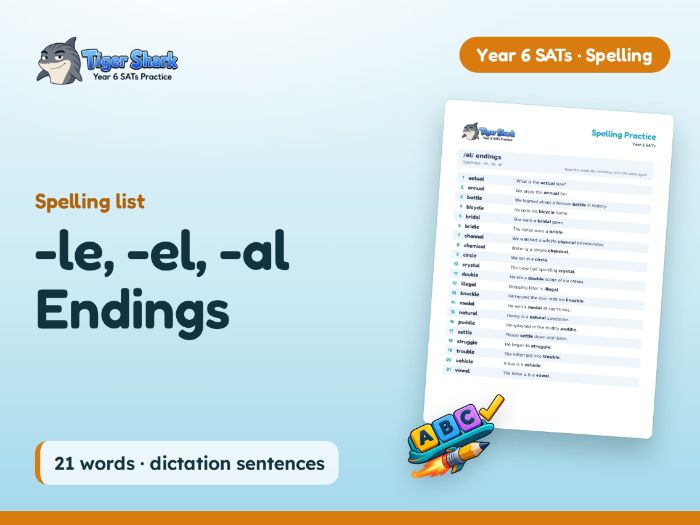 -le, -el, -al Endings: Year 6 Spelling List