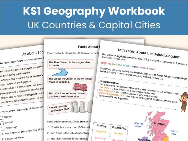 KS1 Geography Workbook | UK Countries & Capital Cities Worksheets | Printable Resource