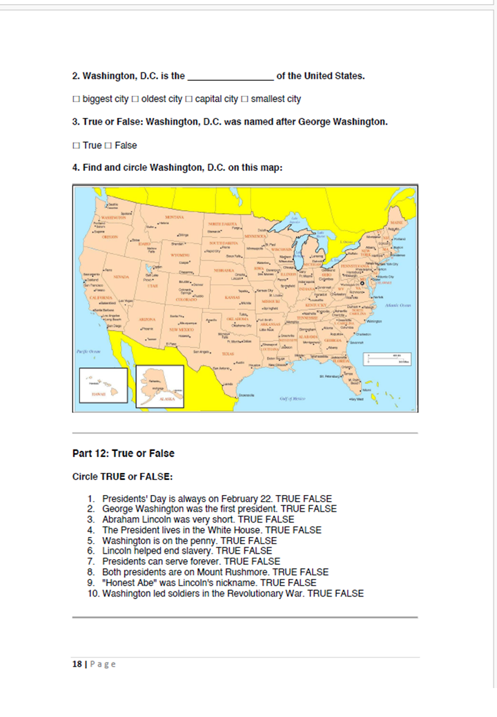 Presidents' Day 2-Hour Lesson Plan & Worksheet for Elementary School ...