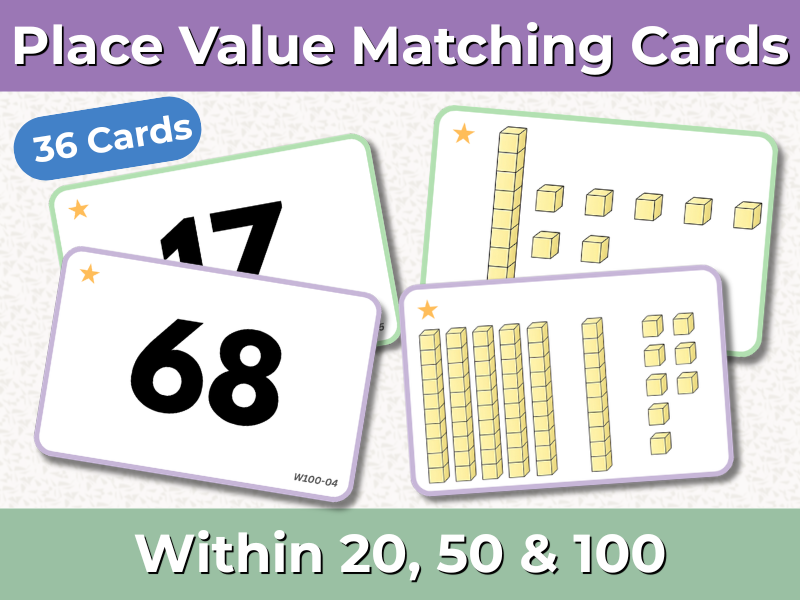 Place Value Matching Cards with Base Ten Blocks | Math Center Within 20, 50, 100