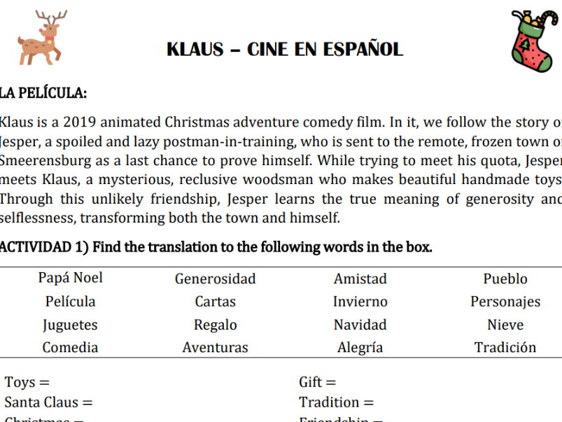 Klaus Film- Spanish Christmas Worksheet