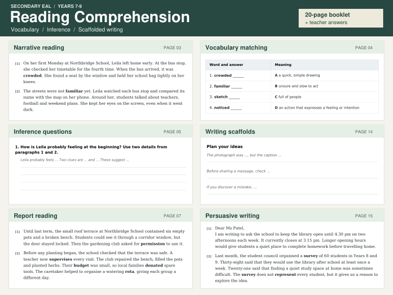 EAL Reading Comprehension Worksheets KS3