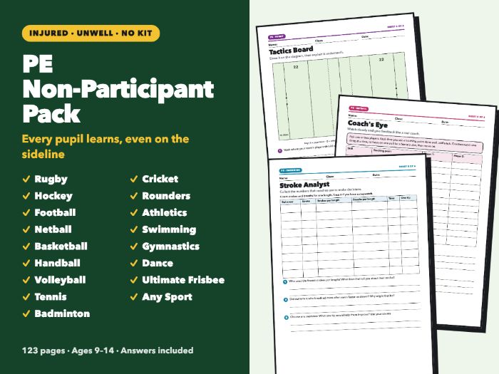 PE Non-Participant Pack: 16 Sports + Any Sport | Injured, Unwell or No Kit | Print & Go | KS2 & KS3