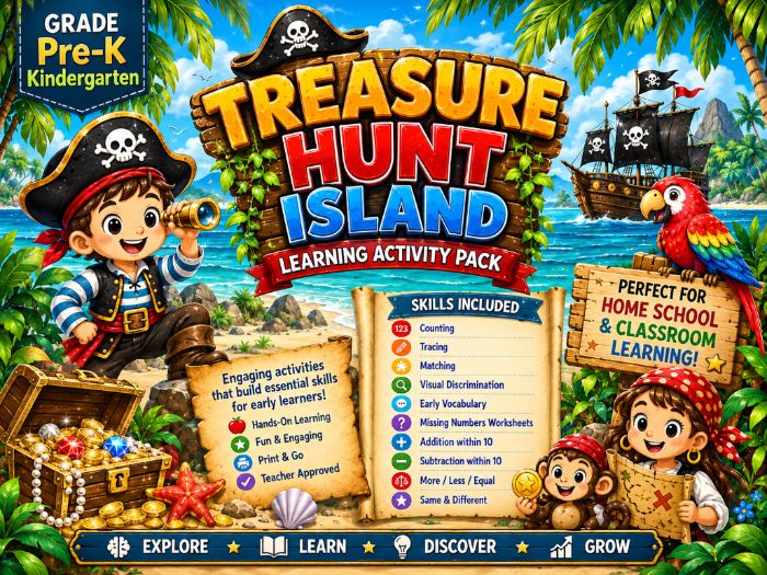 Treasure Hunt Island Activities | Pirate Math & Early Learning Worksheets | Pre-K Kindergarten