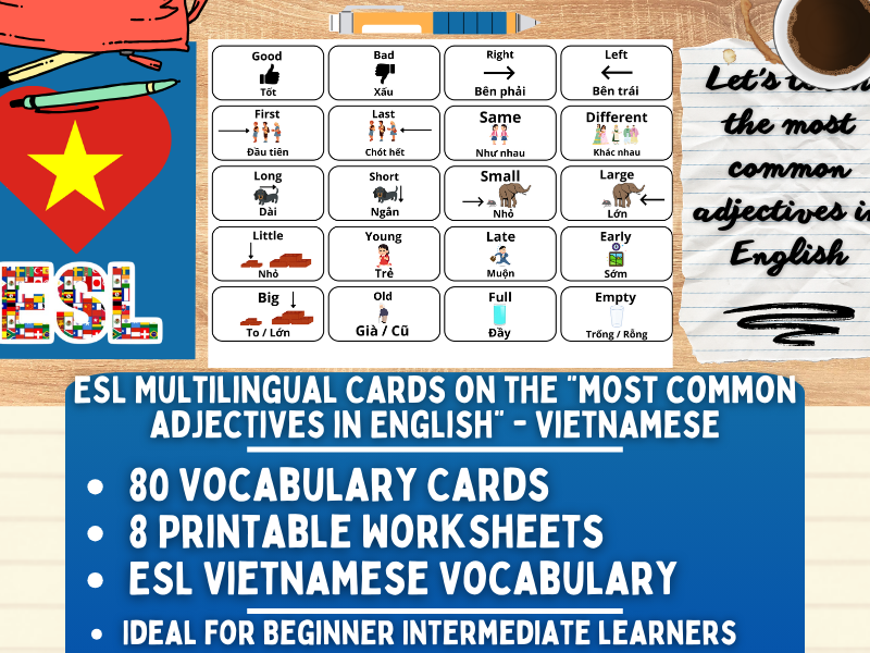 ESL Multilingual Vocabulary Flashcards - Most Common Adjectives - Vietnamese