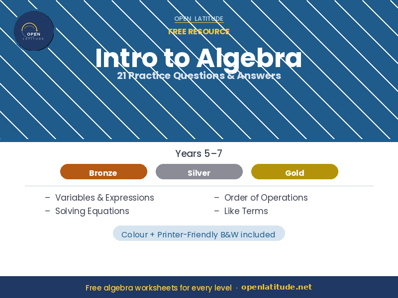 Intro to Algebra — 21 Practice Questions & Answers (Free Worksheet)
