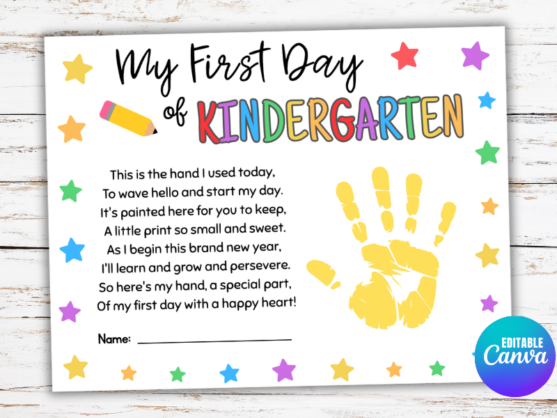 First Day of Kindergarten Handprint Craft Back to School Keepsake Art Activities