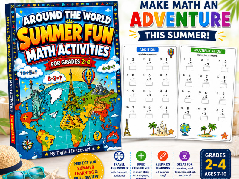 Summer Math and Travel Fun Printable Workbook for Kids | Summer Learning Activities 83 pages