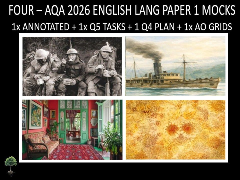 Four AQA 2026 English Language Paper 1 Mocks + Annotated, Q5 Tasks, Q4 Plan, AO Grids