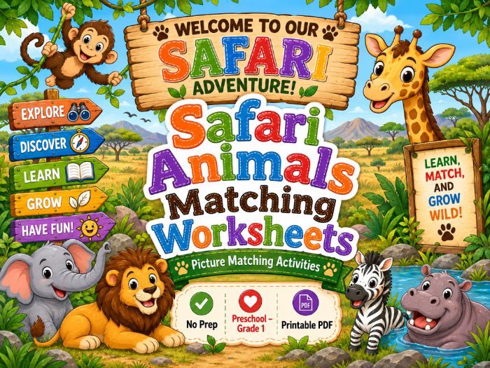 Safari Animals Matching Worksheets | Preschool Kindergarten Activities | Pre-K Grade 1