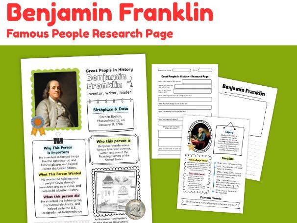 Benjamin Franklin Biography Research Worksheets | Founding Father Study