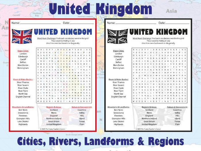 United Kingdom Geography Word Search | Cities, Rivers, Landforms & Regions