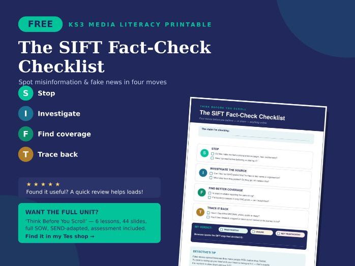 FREE SIFT Fact-Check Checklist — Spotting Misinformation & Fake News | KS3 Media Literacy Printable