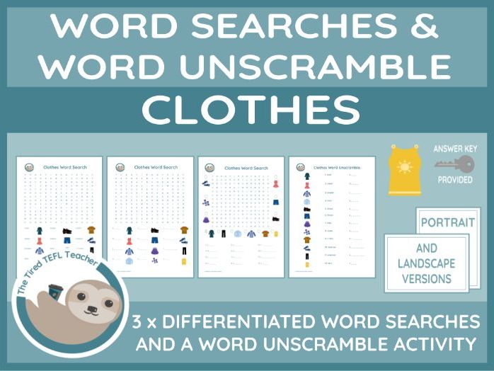 ESL Clothes Differentiated Word Searches and Word Unscramble